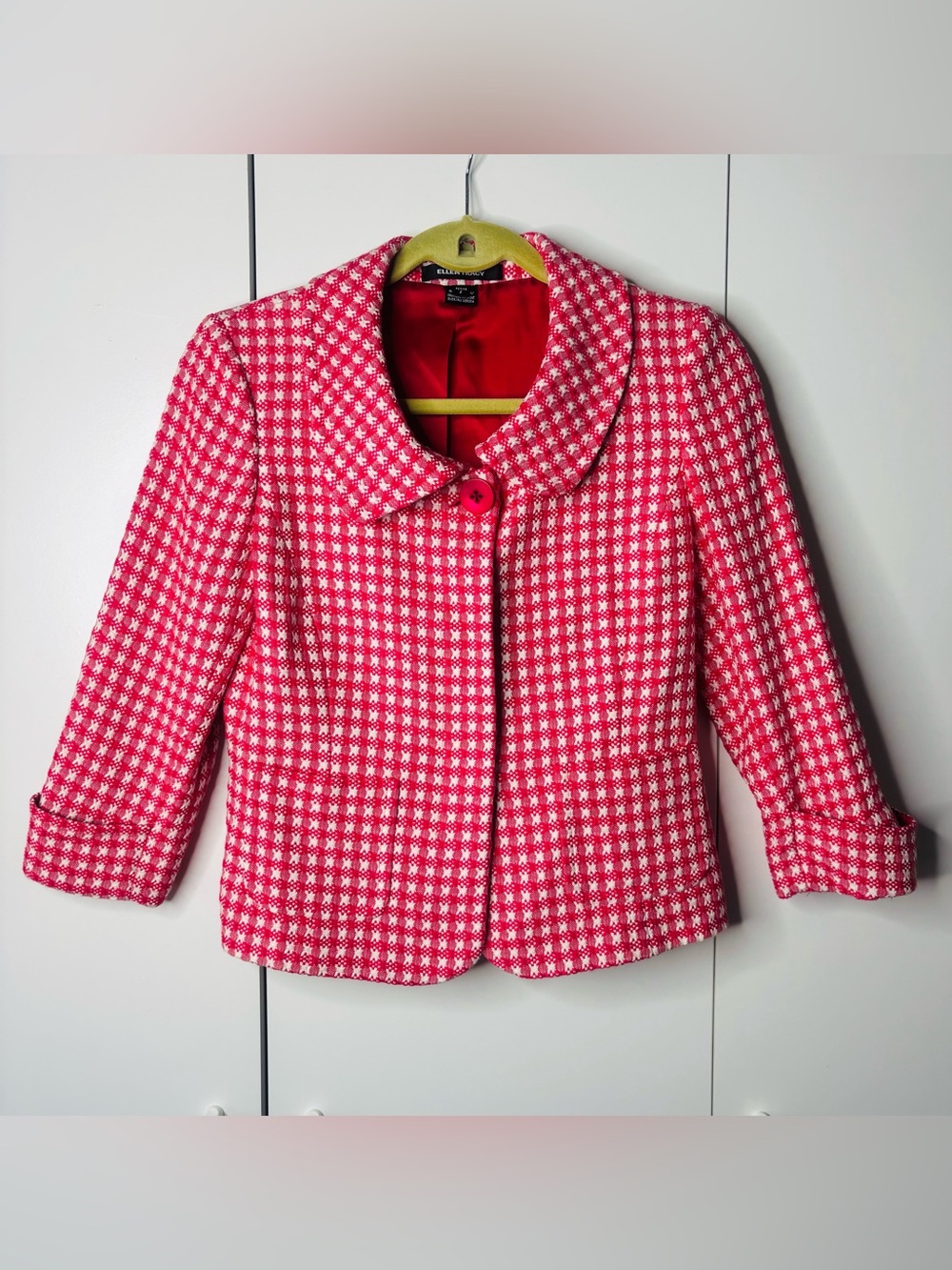 Ellen Tracy Pink & White Houndstooth Cropped Blazer